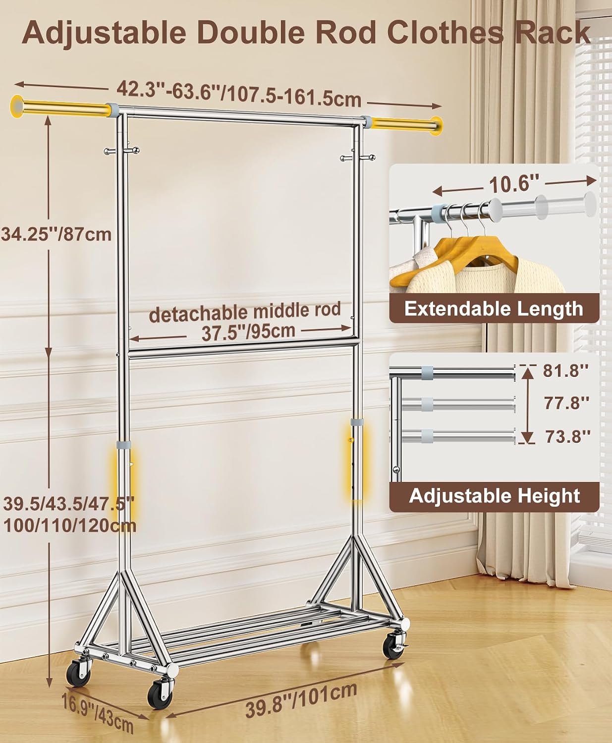 Upgraded 100% Stainless Steel Clothing Rack Load 760LBS, Heavy Duty Clothes Racks with Larger & Sturdy Wheel, Extendable & Adjustable Rolling Garment with Shelves for Hanging Portable Closet Rack