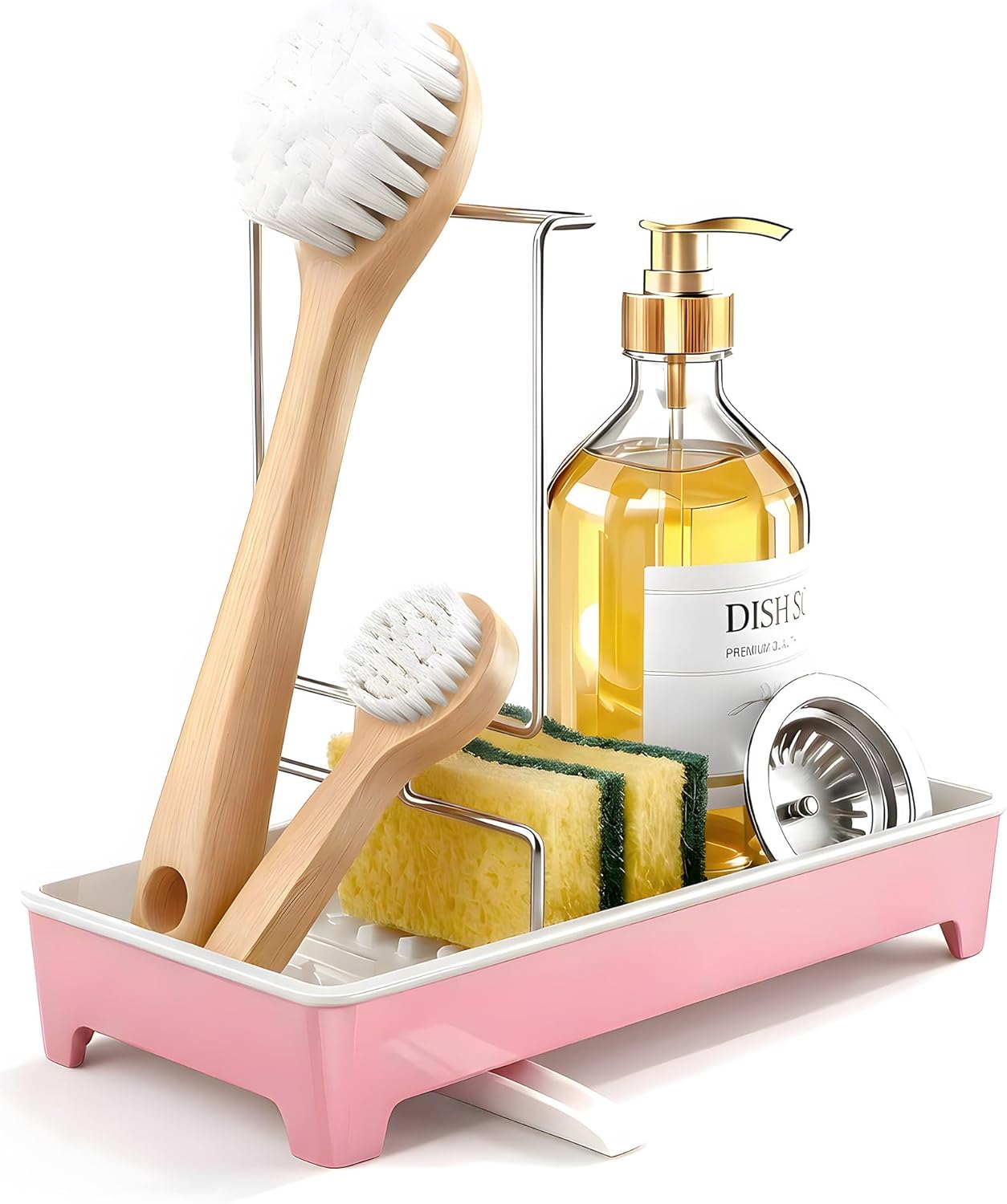 Minimalist Sink Caddy, Rustproof Sponge Holder for Kitchen Sink with 304 Stainless-Steel Brush Holder, Countertop Rack Organizer with Raised Ridges & Silicone Drain Tube (Black, Large)