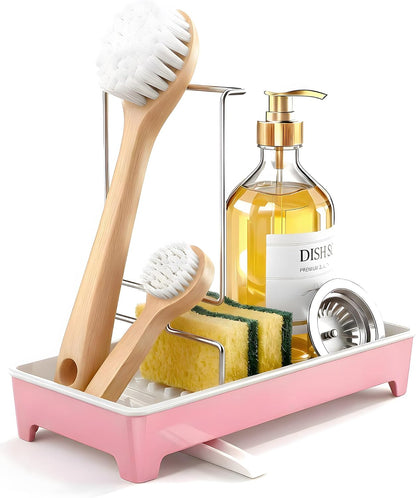Minimalist Sink Caddy, Rustproof Sponge Holder for Kitchen Sink with 304 Stainless-Steel Brush Holder, Countertop Rack Organizer with Raised Ridges & Silicone Drain Tube (Black, Large)