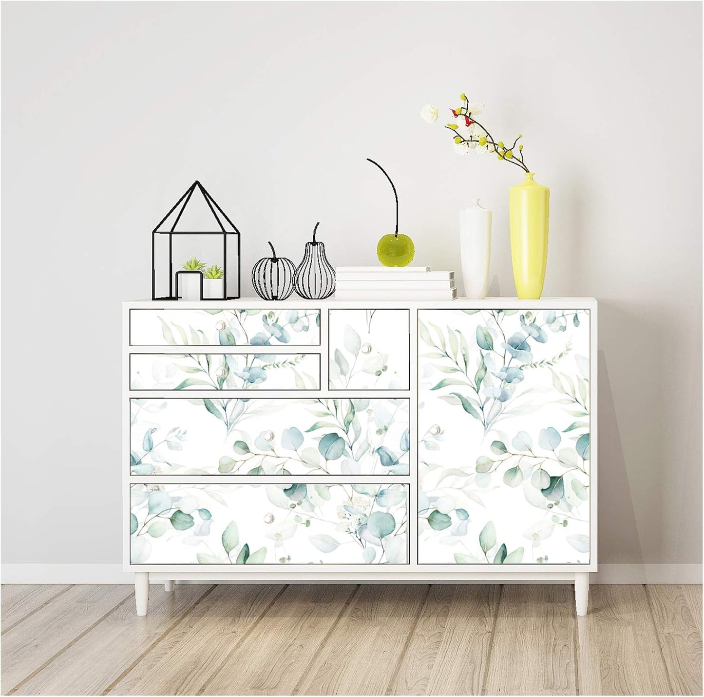 HAOKHOME Peel and Stick Wallpaper Boho Green/White Botanical Leaf Floral Wall Mural Home Nursery Decor Renter Friendly Wallpaper 17.3in x 9.8ft