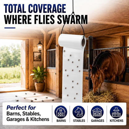 2 Roll Sticky Fly Tape 30 ft x 4 Inch Each Roll Hanging White Fly Paper with Strip Indoor Outdoor Non Toxic Fruit Gnat Killer for Kitchen, Restaurant, Garage, Patio, Horse Stable, Pet Areas