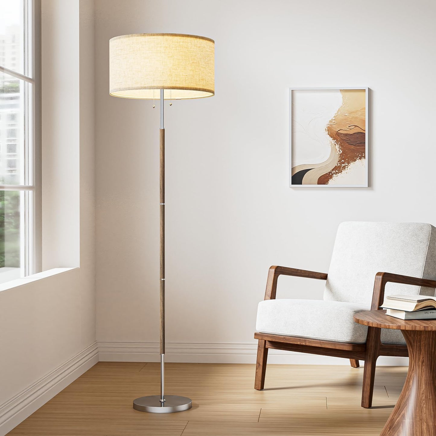 Karjoefar 2-Light Floor Lamp, Mid Century Floor Lamp with White Fabric Shade, Standing Lamp Tall Lamp for Living Room Bedroom, 3 Color Temperatures 9W Bulb Include