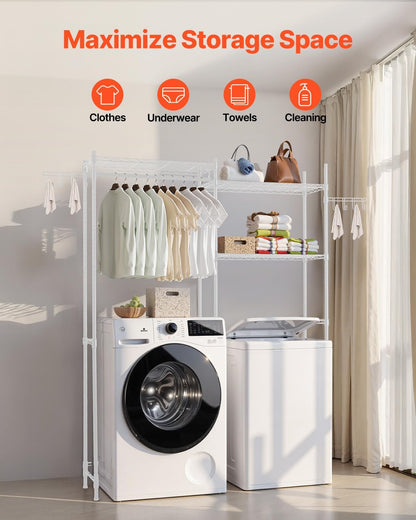 VEVOR Over Washer and Dryer Storage Shelves, 6 Tiers Laundry Room Drying Rack with Hanger Rod and Hooks, Two Rows Adjustable Washer Shelves Space Saver, for Laundry Room Storage & Organization, Black