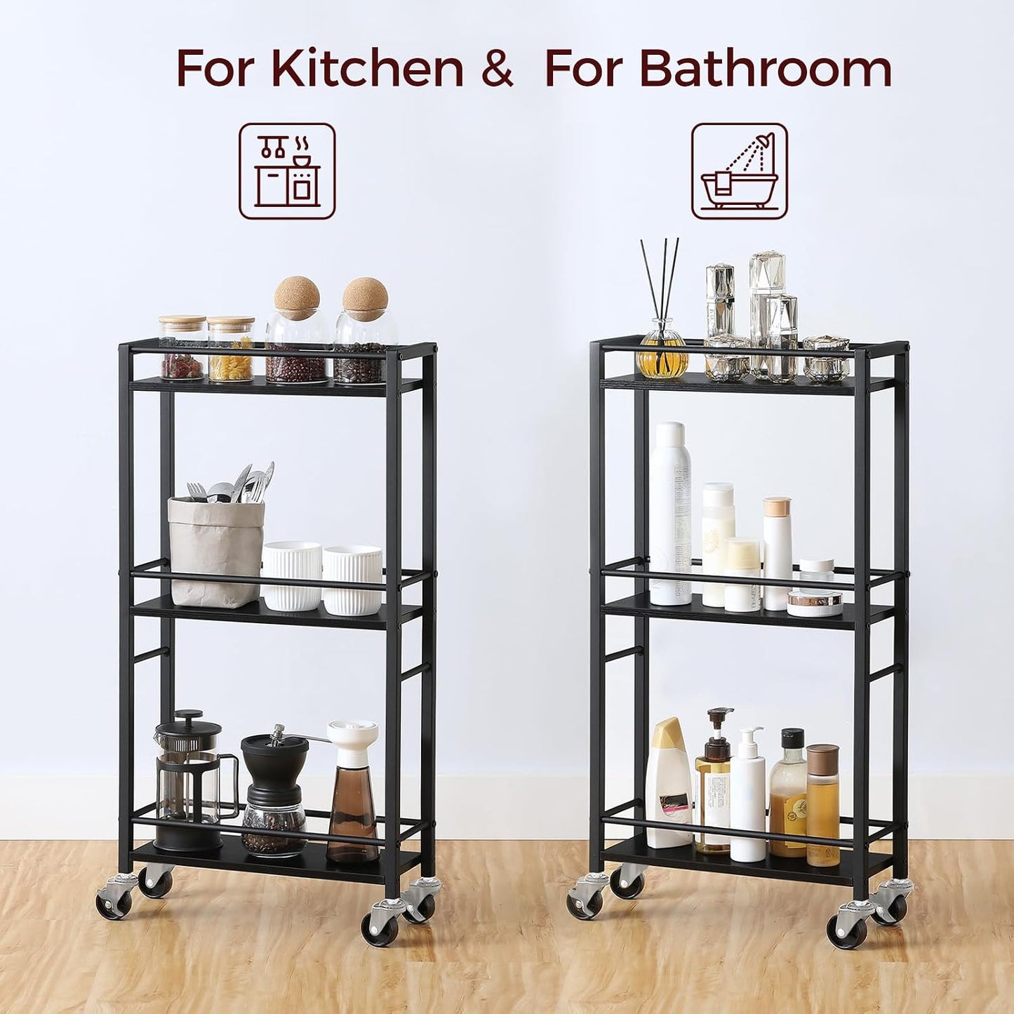 MAHANCRIS Slim Rolling Cart, Mobile Kitchen Cart on Wheels, Narrow Storage Cart for Small Space, Small Bar Cart, for Bathroom, Laundry, Living Room, Black RCHB1501
