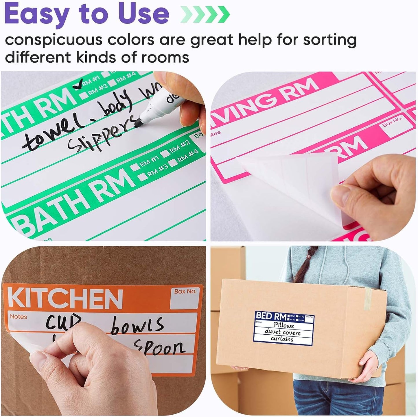 6 x 3 Inches Large Removable Moving Labels for Boxes, 180 Pack 8 Color Coded Moving Stickers for 3-4 Bedroom House, Waterproof Tear Resistant with Fragile & Blank Customizable Labels