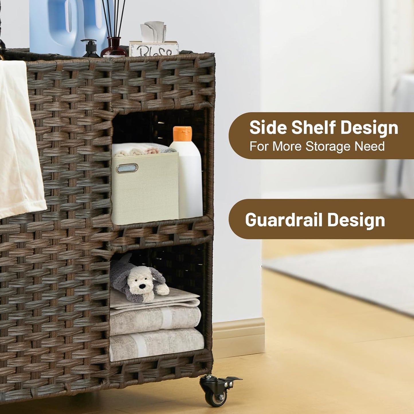 Laundry Hamper with Wheels, 42.3 Gal.(160 L) Laundry Sorter with Shelves, Rattan Clothes Hamper with 4 Removable Liners & 3 Mesh Bags, Handwoven Organizer for bedroom, bathroom, laundry room, Natural