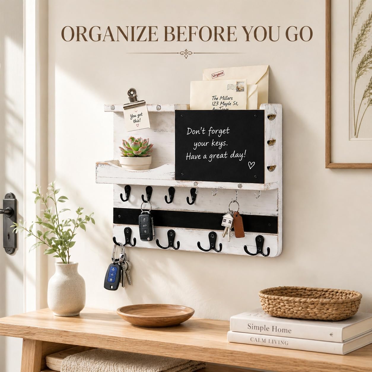 Key Holder for Wall Mount with Shelf and Mail Organizer, Key and Mail Holder with 16 Hooks, Farmhouse Entryway Organizer, Home Decor Rack (Pine Wood, Black)