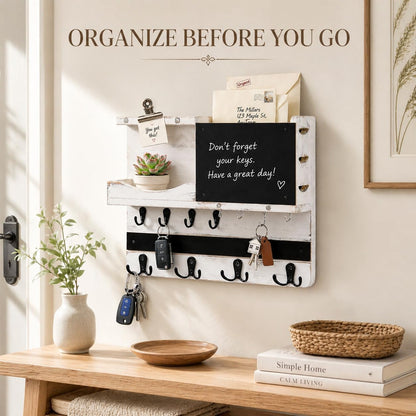 Key Holder for Wall Mount with Shelf and Mail Organizer, Key and Mail Holder with 16 Hooks, Farmhouse Entryway Organizer, Home Decor Rack (Pine Wood, Black)