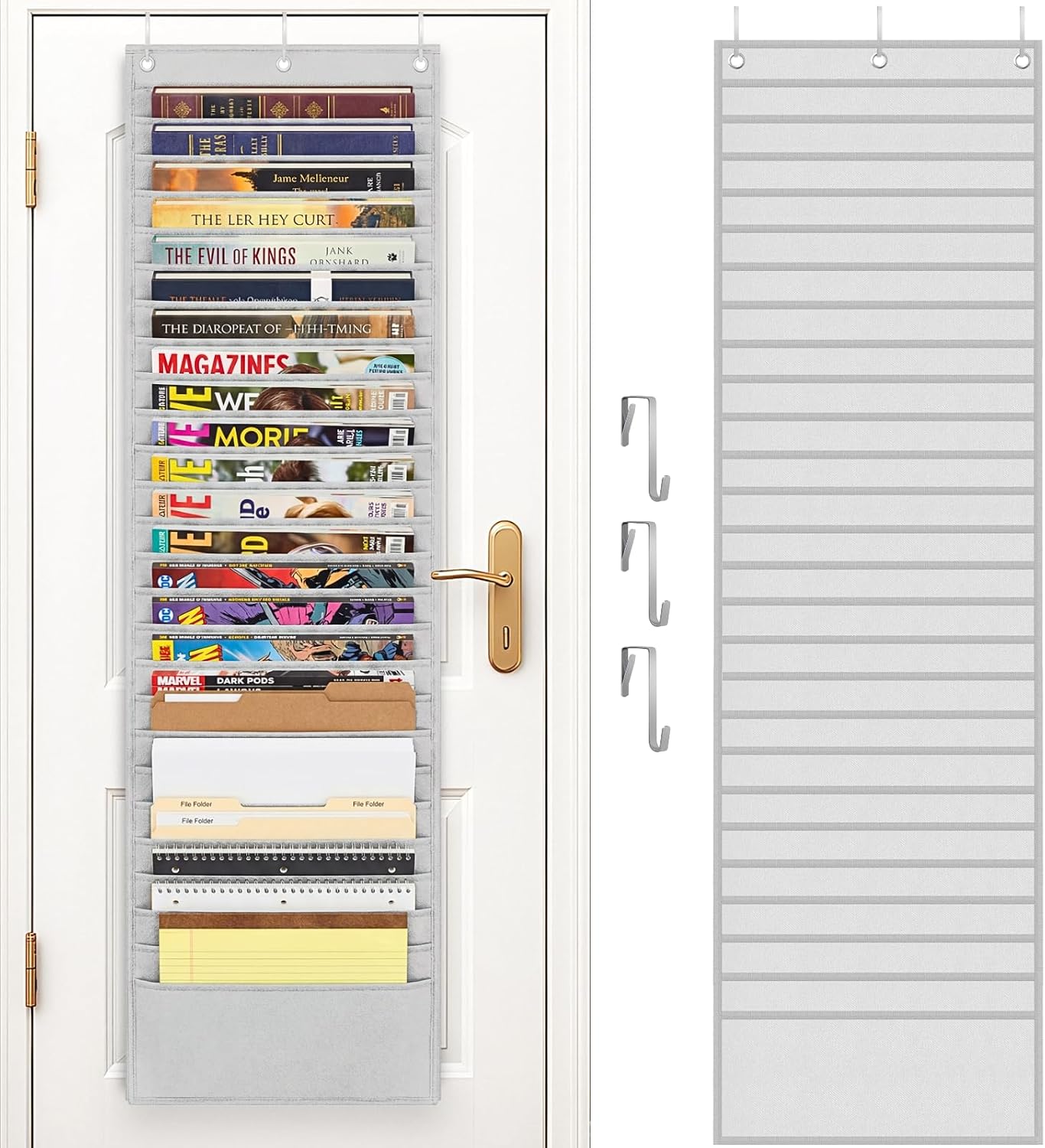 26-Pocket Over The Door File Organizer - Vertical Hanging Storage for Magazines, Documents & Paper, Heavy-Duty Door Organizer for Office, Classroom & Home