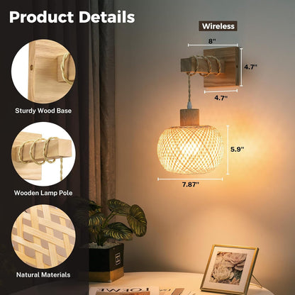Battery Operated Wall Sconce with Remote Set of 2, Rechargeable Rattan Wall Sconces with 8000mAh Bulbs, Woven Bamboo Wall Light/Lamp Boho Wall Sconce for Bedroom (Black)