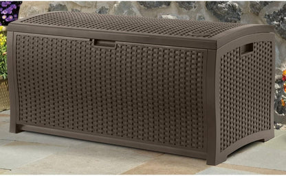 Suncast DBW9200 99 Gallon Outdoor Wicker resin Patio Storage Chest Bin with Handles for Patio, Garden, Garage, or Pool for All Weather, Mocha