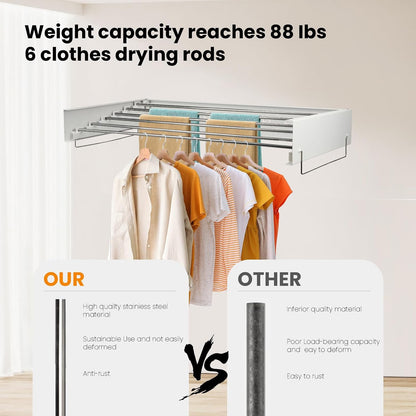 Wall Mounted Clothes Drying Rack, 39.5 x 19.8 x 5.11 Inches Retractable Clothes Drying Rack, 88lbs Capacity, Folding Indoor Laundry Drying Rack for Drying Clothes, Space-Saving 6 Dryings Poles