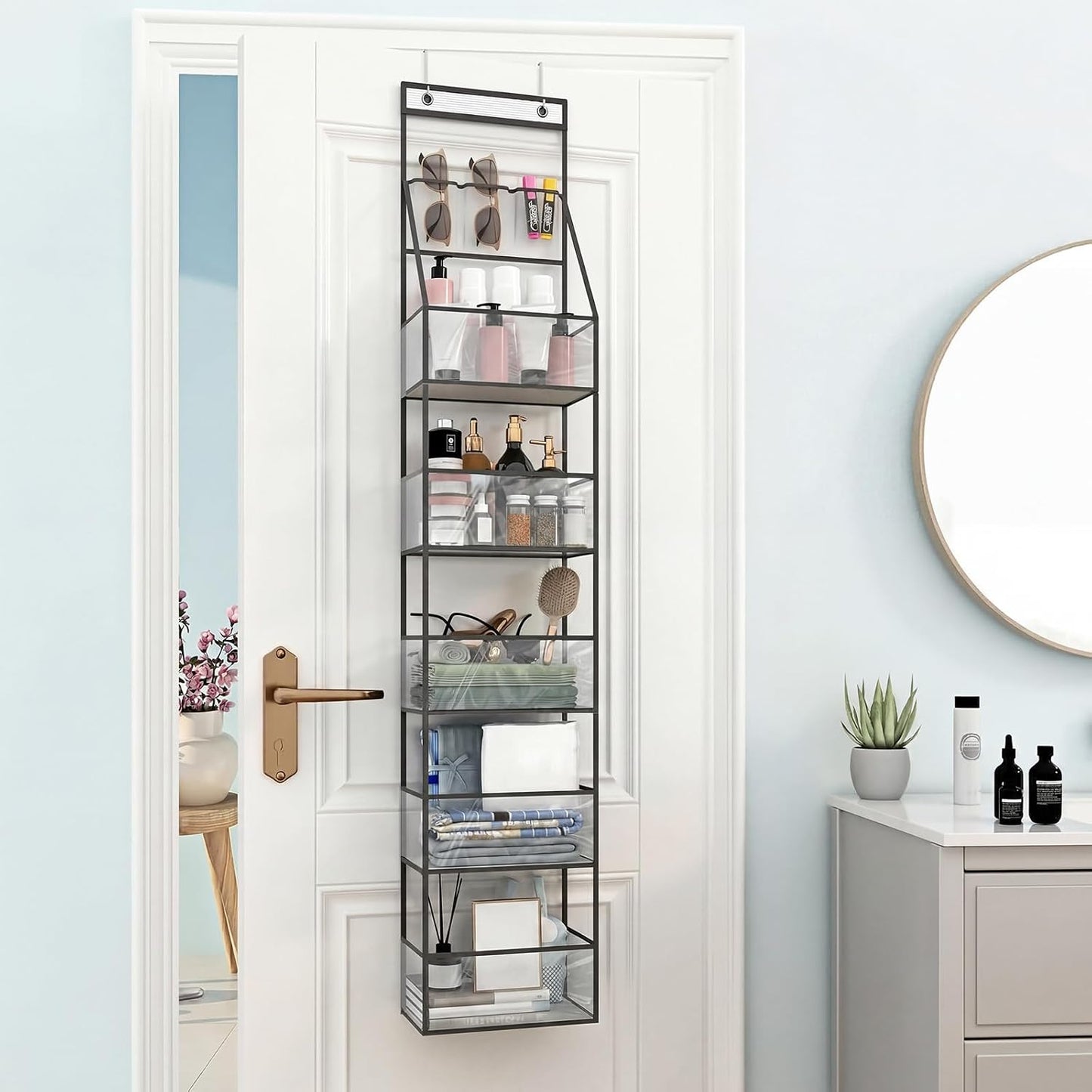 Fixwal 6-Shelf Over The Door Hanging Pantry Organizer Hanging Storage with Clear Plastic Pockets Behind The Door Storage Organizer with 3 Small PVC Pockets for Closet Bedroom Bathroom (Grey)