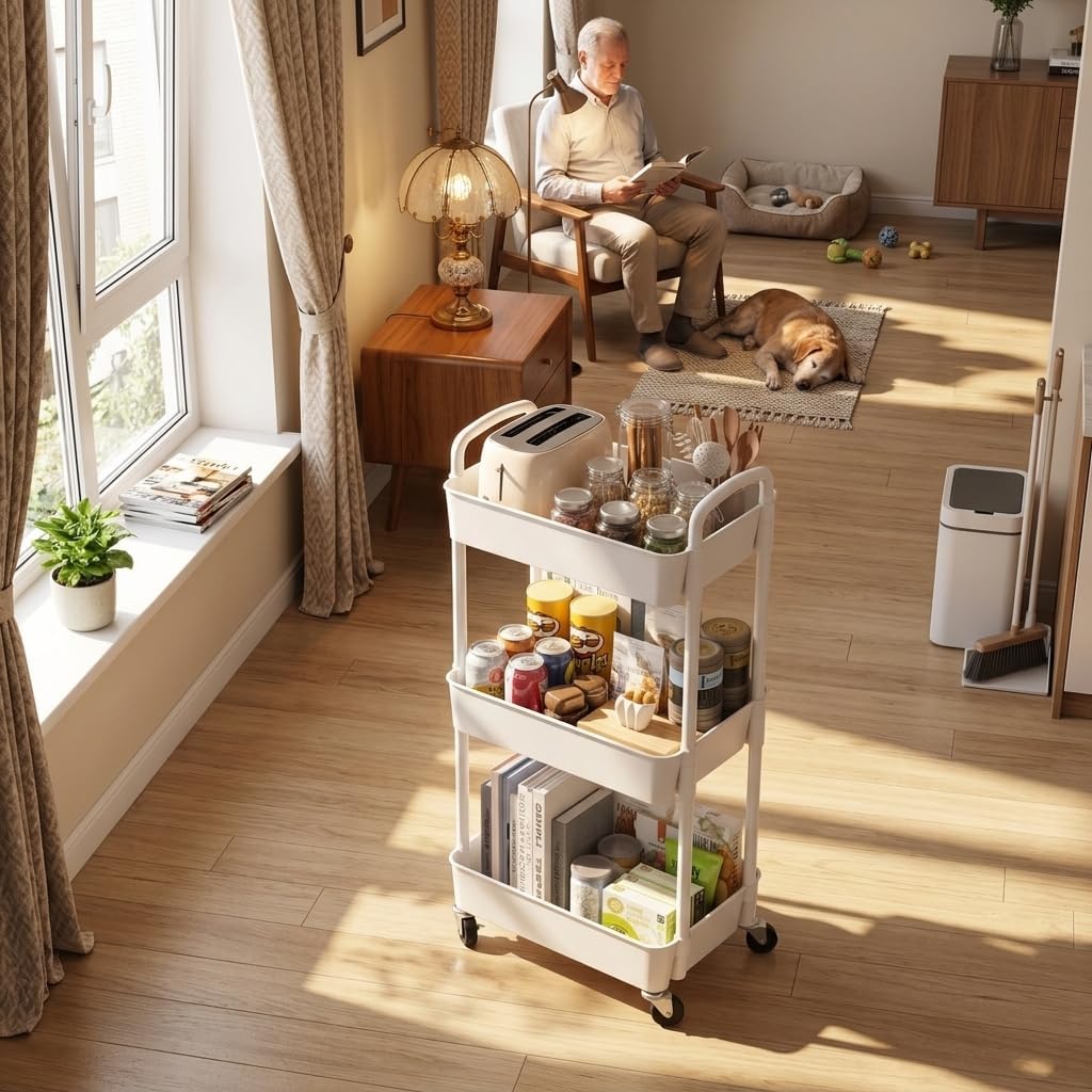3-Tier Rolling Storage Cart with Wheels - Slim Mobile Utility Cart Organizer Rack, Space-Saving Multi-Functional Rolling Shelf for Kitchen, Bathroom, Laundry Room, Office, White