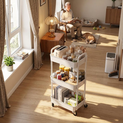 3-Tier Rolling Storage Cart with Wheels - Slim Mobile Utility Cart Organizer Rack, Space-Saving Multi-Functional Rolling Shelf for Kitchen, Bathroom, Laundry Room, Office, White