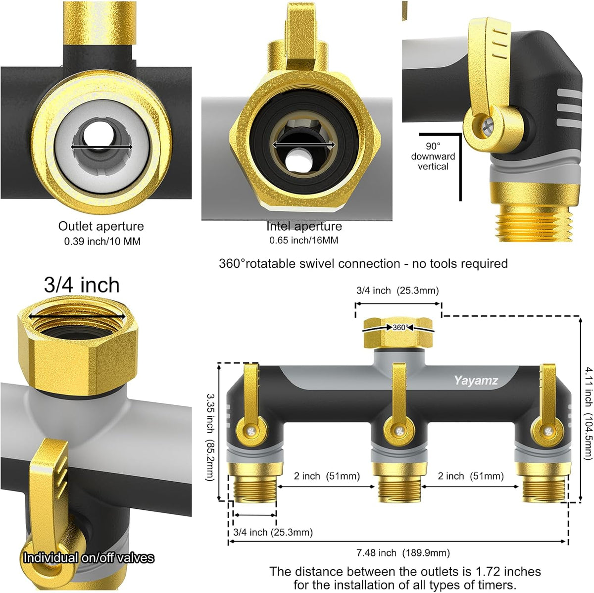 3 Way Garden Hose Splitter, High Flow Outdoor Faucet Splitter with 3 Independent Shut Off Valves, Wide Spacing for Timers, Standard 3/4" GHT for Lawn Yard Garden Watering