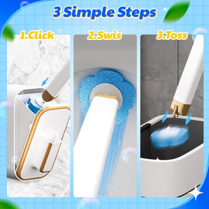 Disposable Toilet Cleaning Brush - Toilet Bowl Cleaner Wand and Holder Set with 60 Refills, Wall Mounted Clean Stick Brush Heads Kit with Handle for Bathroom Bathtub Cleaning System