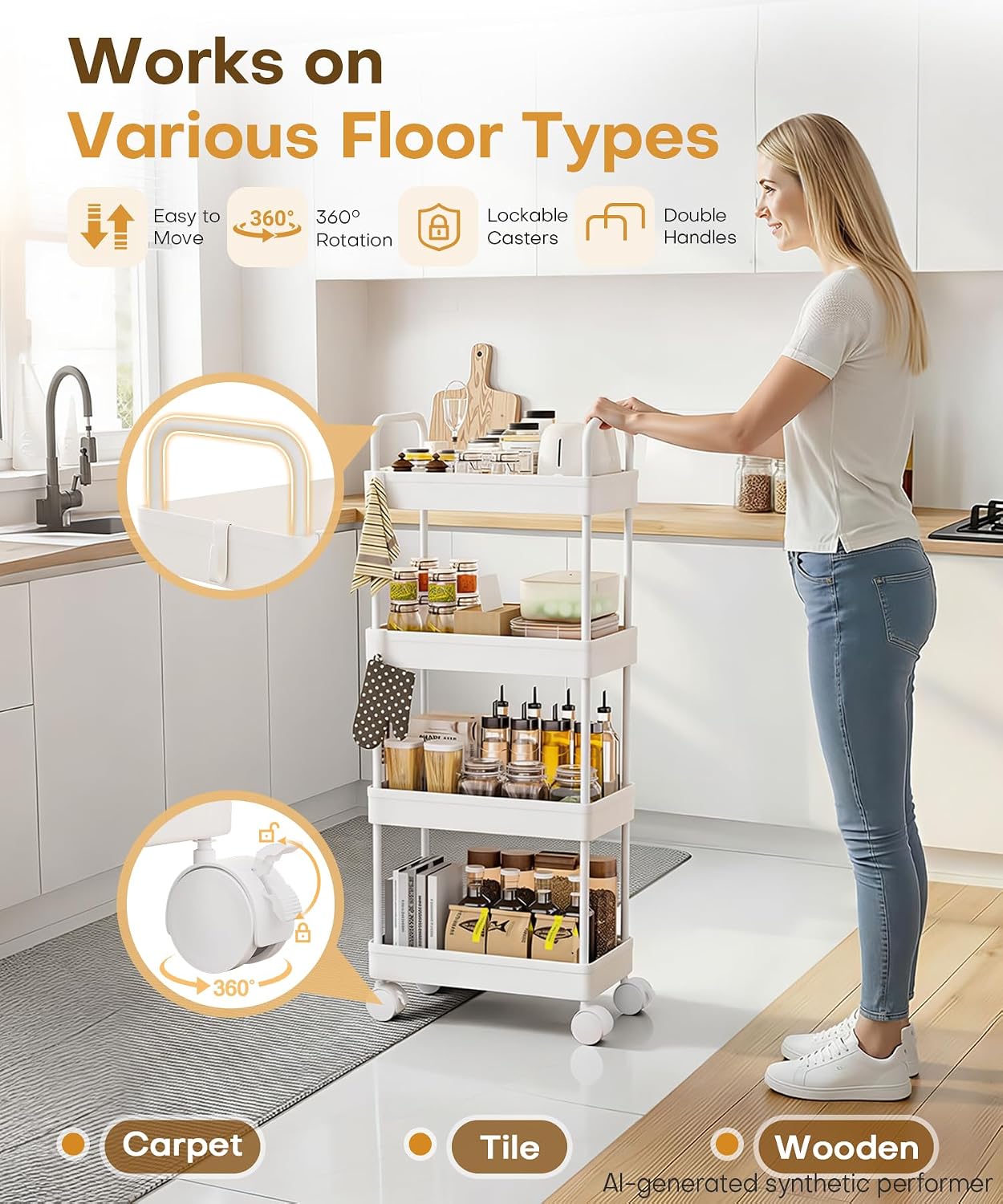 Homde Slim Rolling Cart for Kitchen: 4-Tier Space-Saving Narrow Floor Organizer - 37.4in Tall Vertical Storage for Bottles & Jars - Locking Wheels 8 Hooks for Hang & Grab