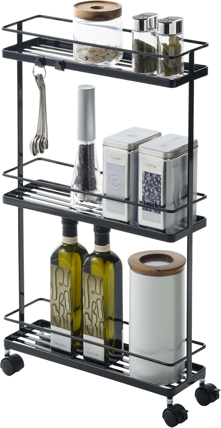 YAMAZAKI Home Tower Rolling Kitchen Island Three Tier Metal Storage Cart - Portable Organizer Shelves Utility Cart, 26" - Steel -