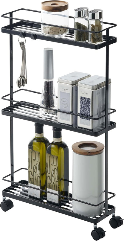 YAMAZAKI Home Tower Rolling Kitchen Island Three Tier Metal Storage Cart - Portable Organizer Shelves Utility Cart, 26" - Steel -