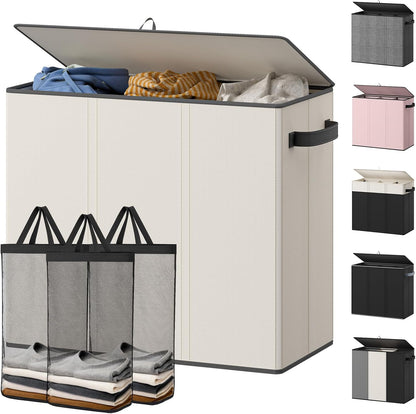 Optish 180L Laundry Hamper 3 Section, Large Laundry Hamper with Lid, Dirty Clothes Hampers with 3 Inner Bags, Laundry Basket Organizer for Laundry, Bedroom, Bathroom, Hamper 3 Compartment, Black