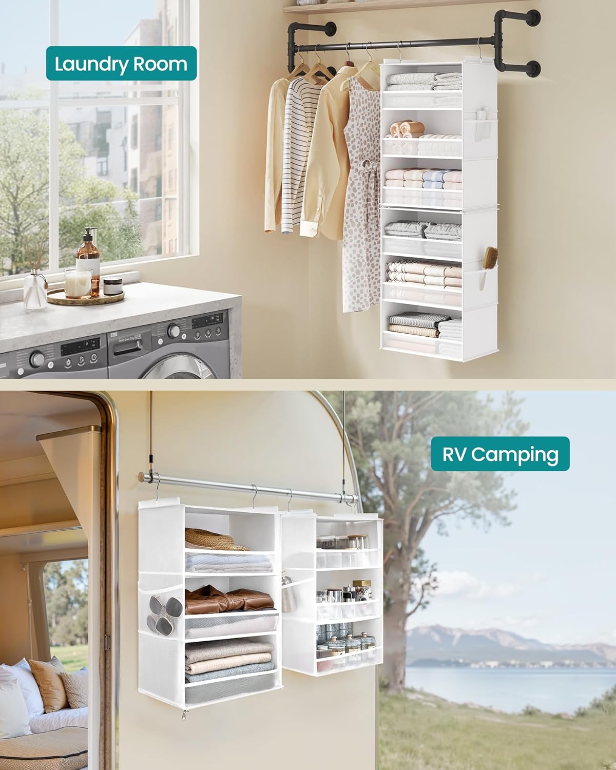 SONGMICS Hanging Closet Organizer, 6-Tier Fabric Storage Shelf, Separable Closet Hanging Shelf with Side Pockets, Foldable, Metal Hooks and Bamboo Inserts, Dove Gray URCH007G01
