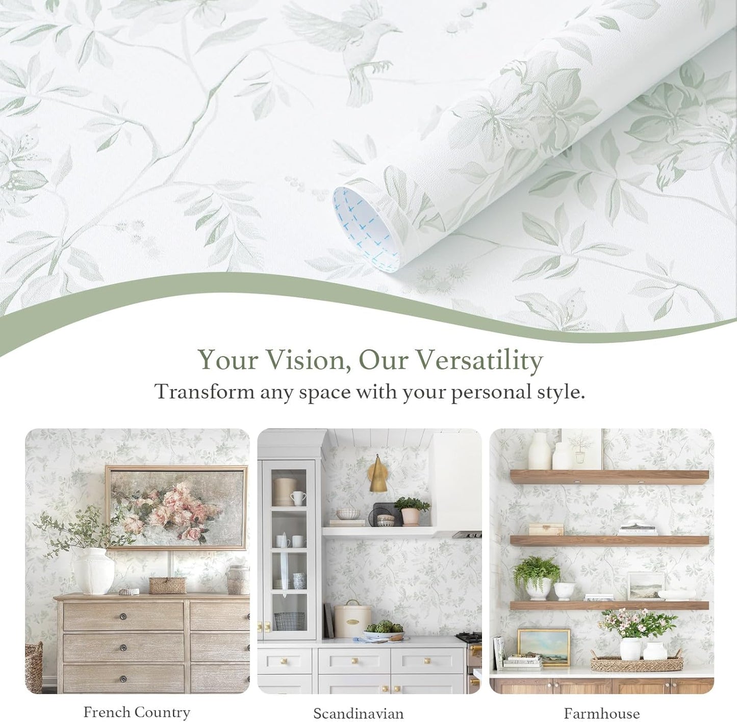 Dimoon 17.3''x78.7'' Vintage Peel and Stick Wallpaper Boho Beige Neutral Contact Paper White Floral Bird Wallpaper Removable Botanical Renter Friendly Modern Wall Paper Bedroom Bathroom Vinyl Roll