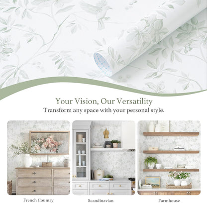 Dimoon 17.3''x78.7'' Vintage Peel and Stick Wallpaper Boho Beige Neutral Contact Paper White Floral Bird Wallpaper Removable Botanical Renter Friendly Modern Wall Paper Bedroom Bathroom Vinyl Roll