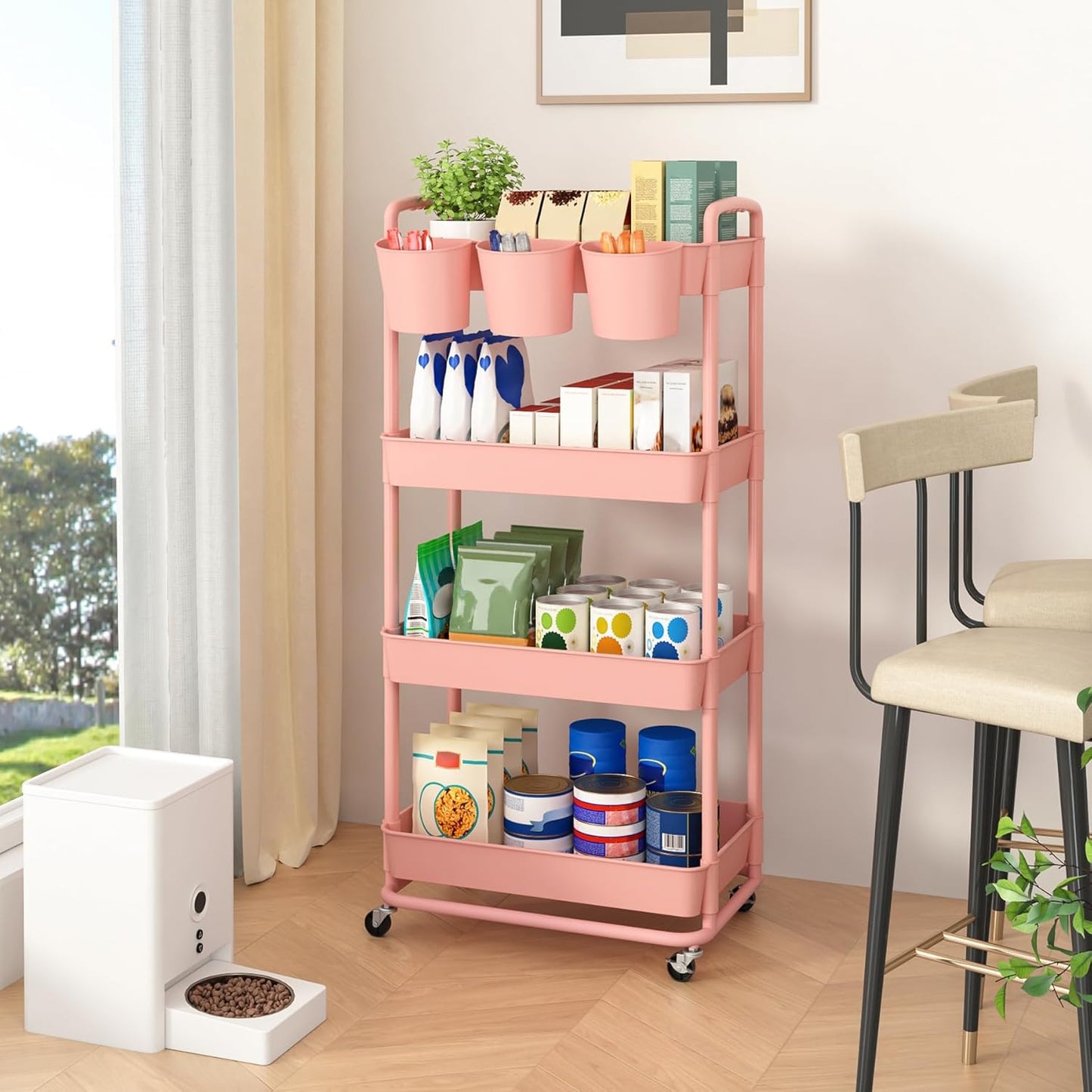 JIUYOTREE 4-Tier Plastic Rolling Storage Cart Utility Cart with Extra Hanging Cups Handles Lockable Wheels for Living Room Bathroom Kitchen Office White