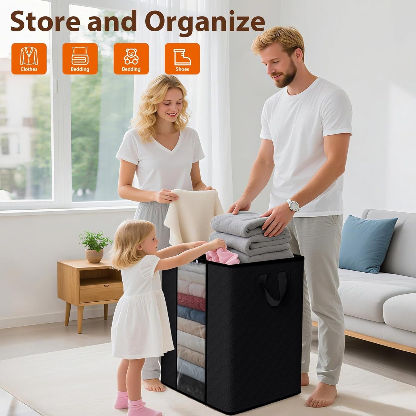 SpaceWhisper 3 Pack 100L Clothes Storage, Foldable Thick Fabric Blanket Storage Bags, Containers for Organizing Bedroom, Closet, Clothing, Comforter,Closet Organization with Handle,Grey