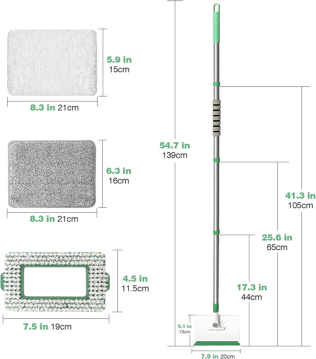 Baseboard Cleaner Tool with Handle, Wall Cleaner Mop with 54.7'' Adjustable Long Handled 1 Scrubber Brush Mop Head and 4 Reusable Cleaning Pads for Baseboards Cleaning, Ceiling, Skirting Board