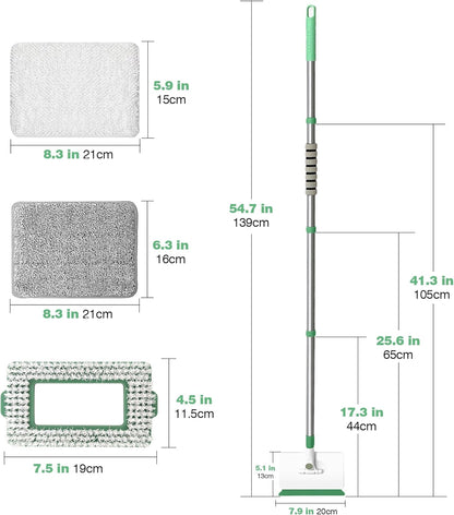 Baseboard Cleaner Tool with Handle, Wall Cleaner Mop with 54.7'' Adjustable Long Handled 1 Scrubber Brush Mop Head and 4 Reusable Cleaning Pads for Baseboards Cleaning, Ceiling, Skirting Board
