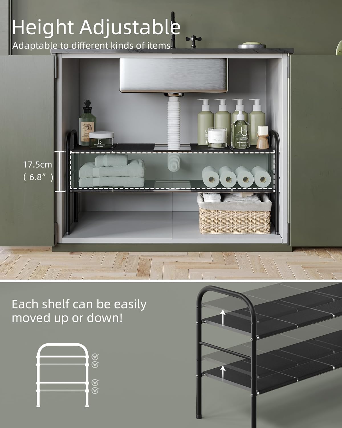 NETEL Under Sink Organizers and Storage, 2 Tier Expandable Under Cabinet Organizer Shelf with 4 Baskets and 4 Panels, Expandable Shelf for Cupboard, Kitchen, Bathroom, Shoe Storage Rack