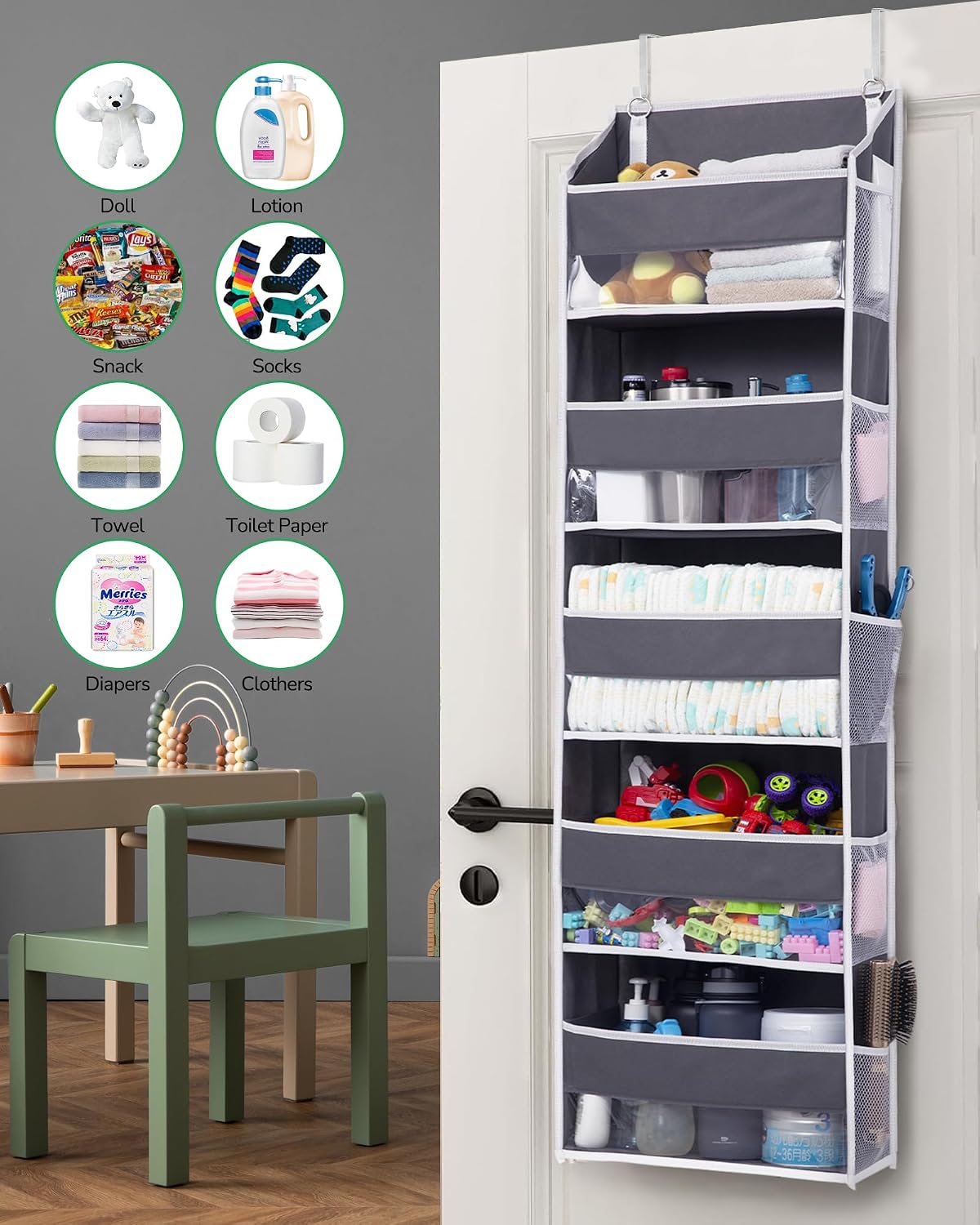 ULG Over the Door Organizer, 5-Tier Extra Large Hanging Storage with 10 Mesh Pockets, 100 lbs Capacity, Heavy Duty Door Organizer for Closet, Bedroom, Nursery Storage, Beige