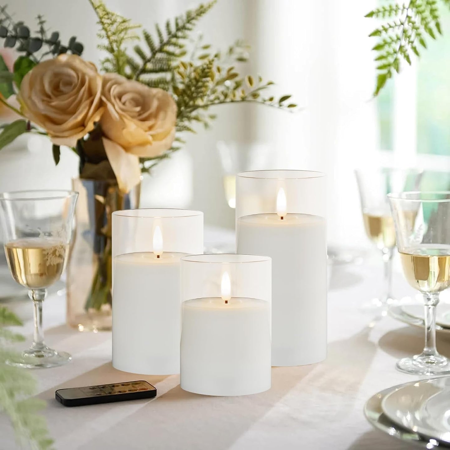 Blue Flameless Candles with Remote, Real Wax Glass Battery Operated Candles with Timer, LED Pillar Candle for Bedroom Home Wedding Birthday Party Fall Halloween Christmas Decorations, Set of 3