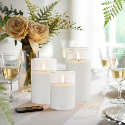 Blue Flameless Candles with Remote, Real Wax Glass Battery Operated Candles with Timer, LED Pillar Candle for Bedroom Home Wedding Birthday Party Fall Halloween Christmas Decorations, Set of 3