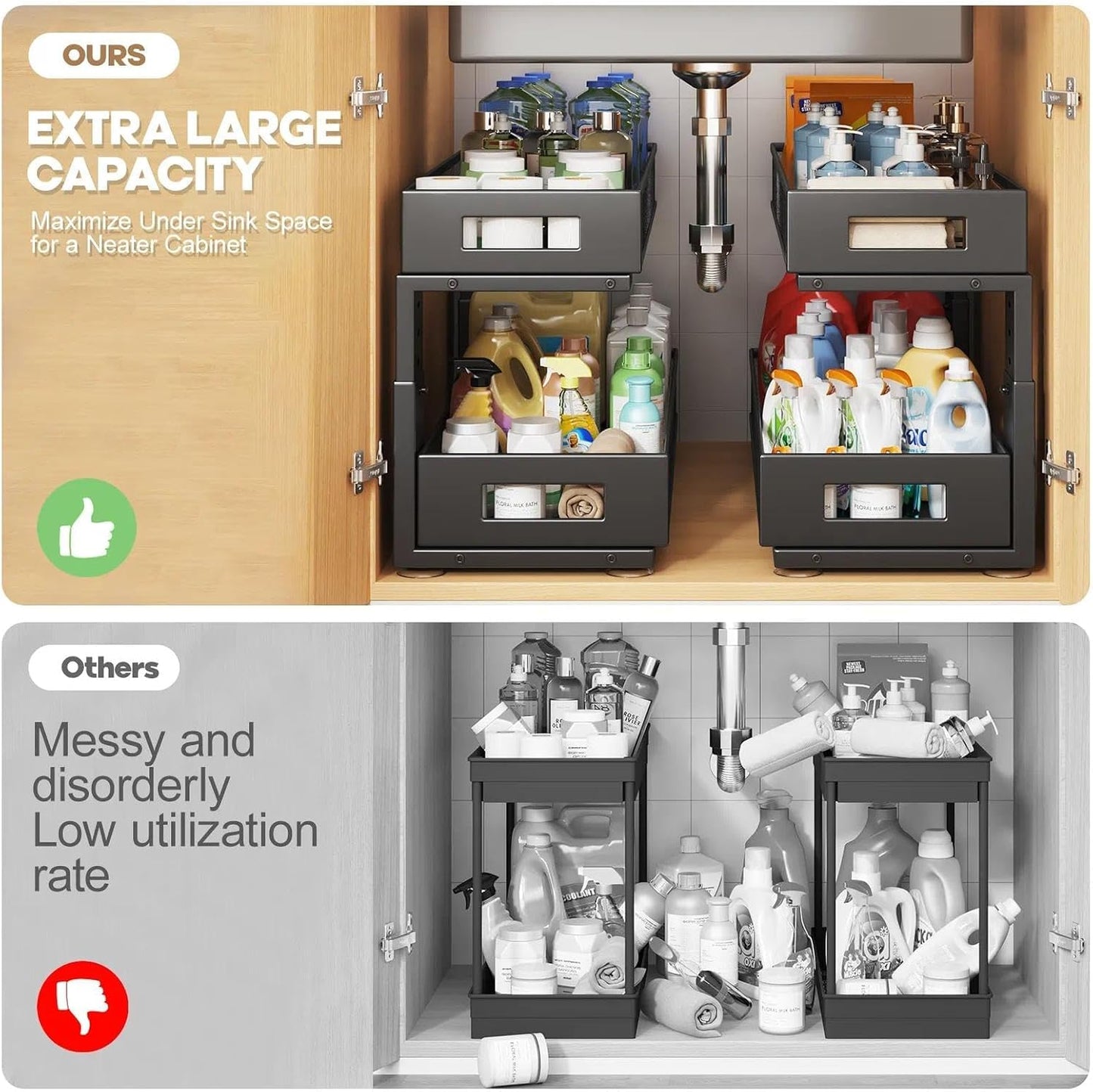 Under Sink Organizer, 2-Tier Dual Pull Out Cabinet Organizer Drawers With Smooth Circular Rail, Large Capacity Metal Mesh Sliding Shelves For Bathroom& Kitchen Storage,Height Adjustable–White,2 Packs