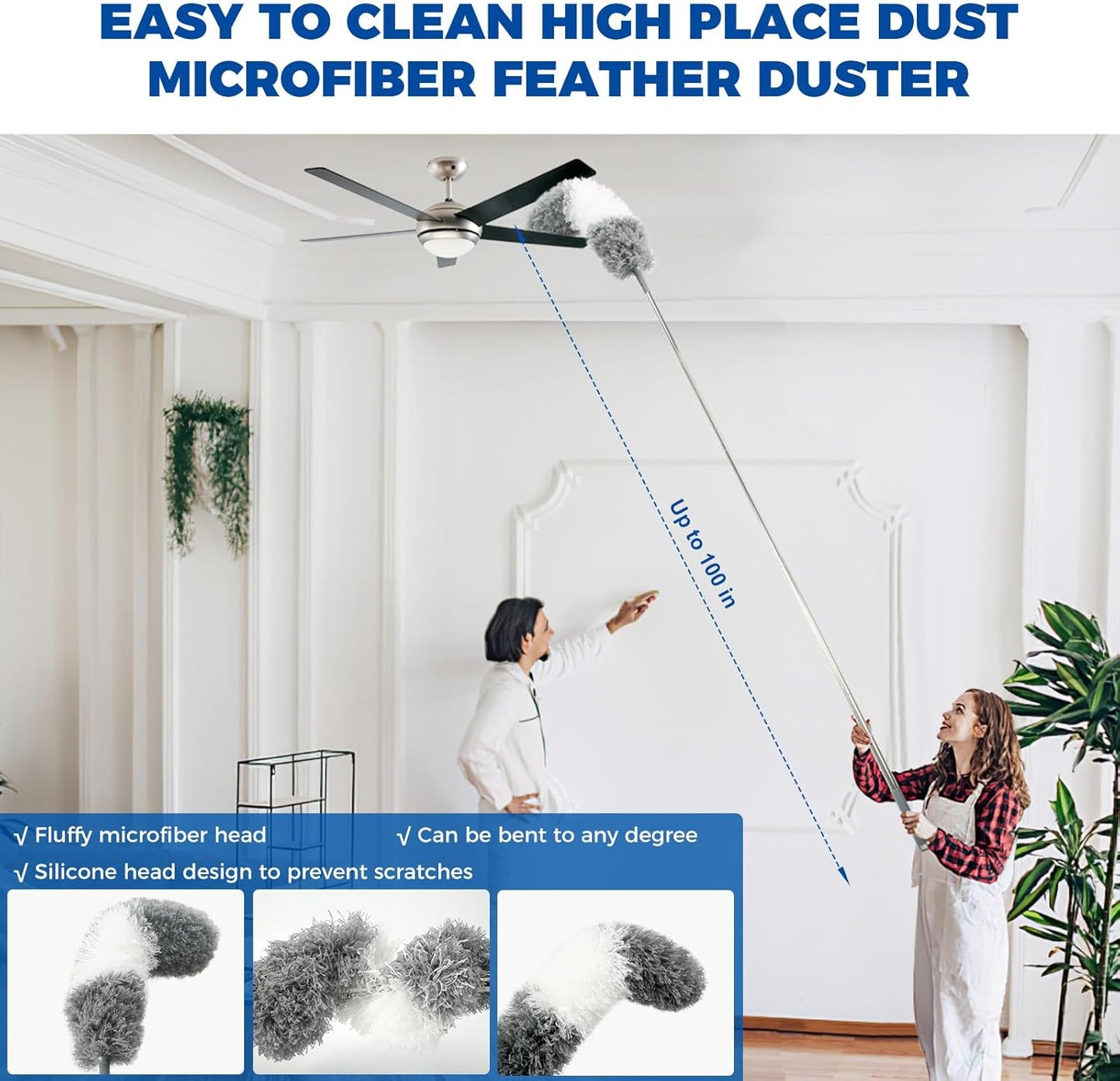Retractable Gap Dust Cleaner Cleaning Tools with 2 Microfiber Dusting Cloths Long Handle 60inches Washable and Retractable Duster Brush for Cleaning Under Appliances Furniture Couch Fridge