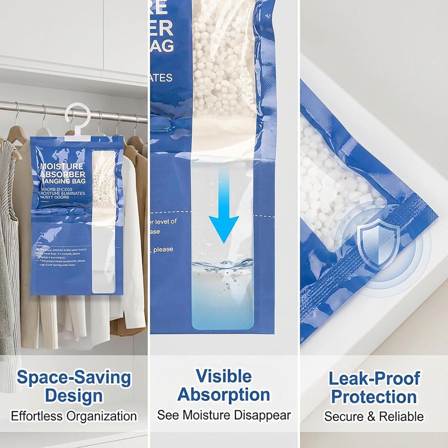RAINFLOW Dehumidifier Bags Hanging Moisture Absorbers - 4 Packs Dehumidifiers for Home Closet Bathroom Basement, Hanging Bag Desiccant Packs for Bedroom RV Camper, Odor Absorber Household Essentials
