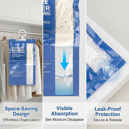 RAINFLOW Dehumidifier Bags Hanging Moisture Absorbers - 4 Packs Dehumidifiers for Home Closet Bathroom Basement, Hanging Bag Desiccant Packs for Bedroom RV Camper, Odor Absorber Household Essentials