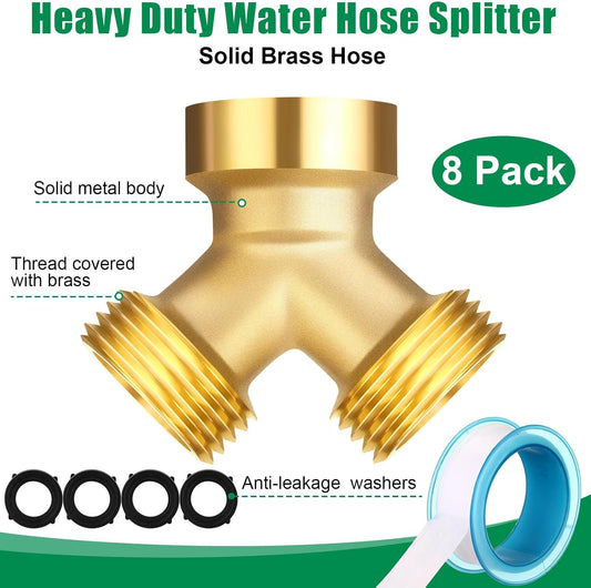 JaGely 8 Pack Garden Hose Splitter 2 Way Heavy Duty Brass Hose Spigot Adapter Y Valve Garden Hose Connector 3/4" Inch Thread Splitter Adapter with 16 Rubber Hose Washers