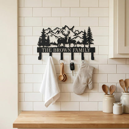 Deer Mountain Metal Key Holder Wall Mount Key Holder for Wall Rustic Cabin Decor Key Rack Hooks Hanger Woodland Wildlife Wall Art Entryway Organizer Housewarming Hunting Gifts