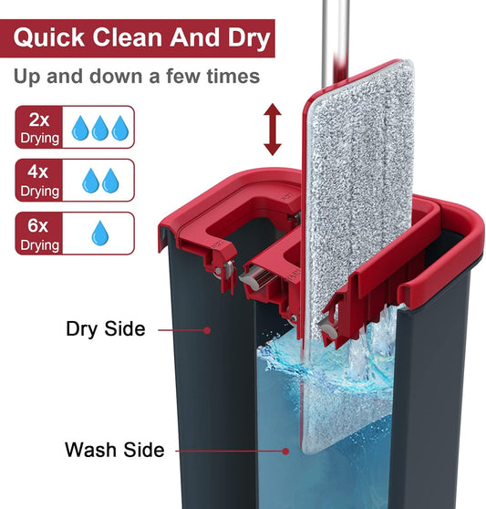 BOSHENG Mop and Bucket with Wringer Set, Hands Free Flat Floor Mop and Bucket, 3 Washable Microfiber Pads Included, Wet and Dry Use, Home Floor Cleaning System for All Floor Types and Windows