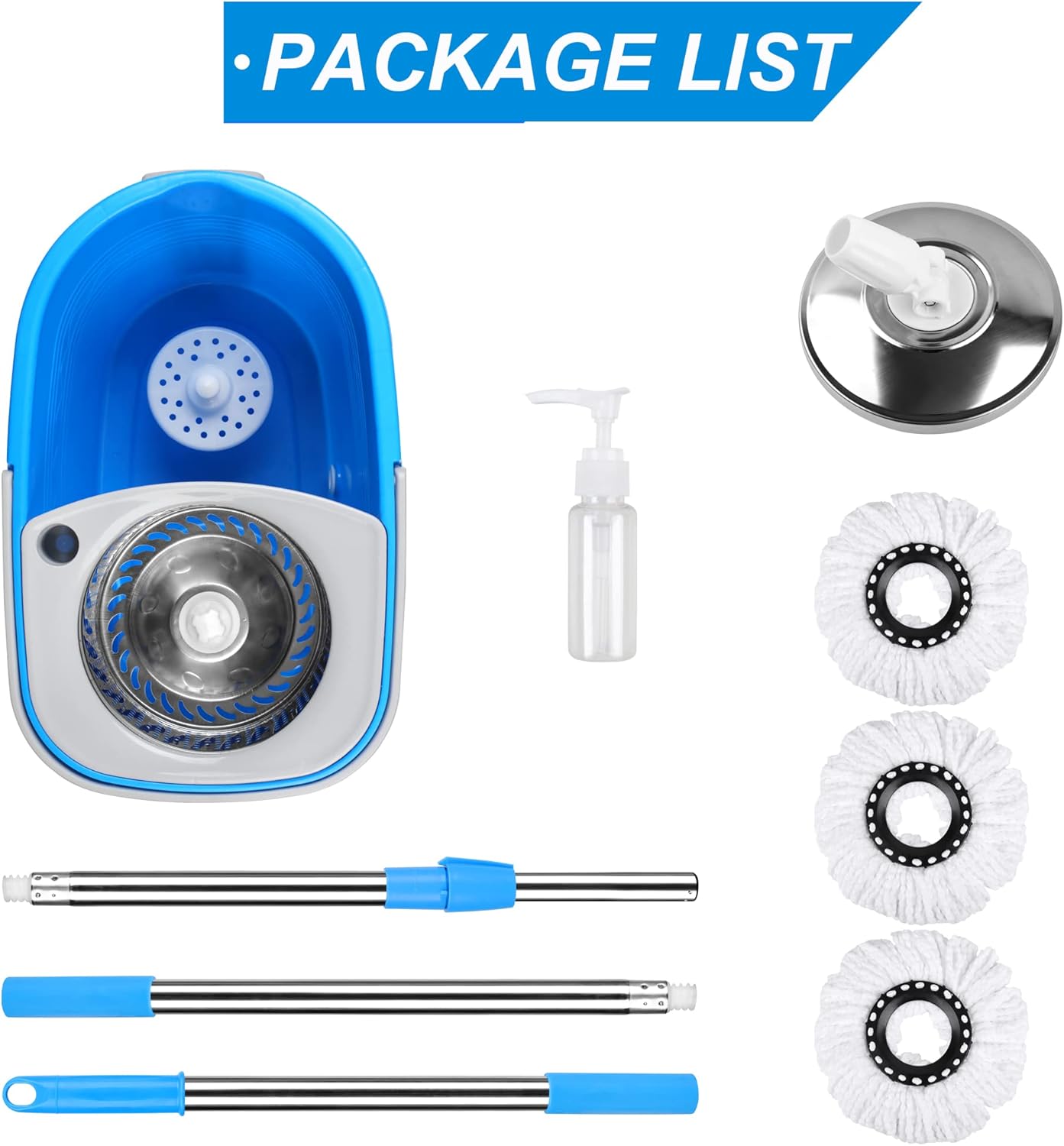 Mop Bucket with Wringer Set, Extended Stainless Steel Handle, 3 Microfiber Replacement Mop Head Refills, 2 Wheels for Household Cleaning, Hardwood Floor Tiles, Blue/Gray