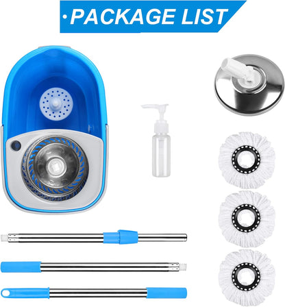 Mop Bucket with Wringer Set, Extended Stainless Steel Handle, 3 Microfiber Replacement Mop Head Refills, 2 Wheels for Household Cleaning, Hardwood Floor Tiles, Blue/Gray
