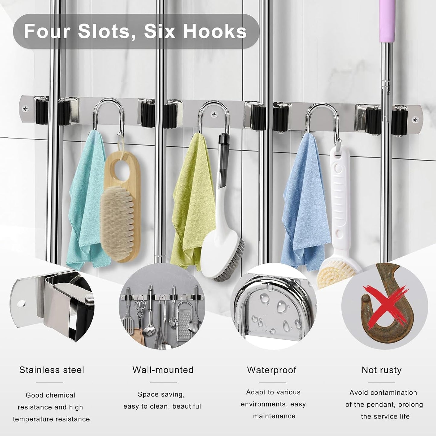 Broom Holder Wall Mount, Stainless Steel Mop Hanger with 4 Slots 6 Hooks, Tool Storage Wall Organizer for Kitchen Garden Garage Laundry Room Bathroom and RV, Black 1-Pack