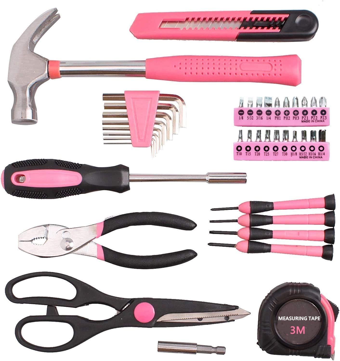 39-Piece General Tool Set-Essential Household Hand Tool Kit with Portable Toolbox Storage Case（Pink）