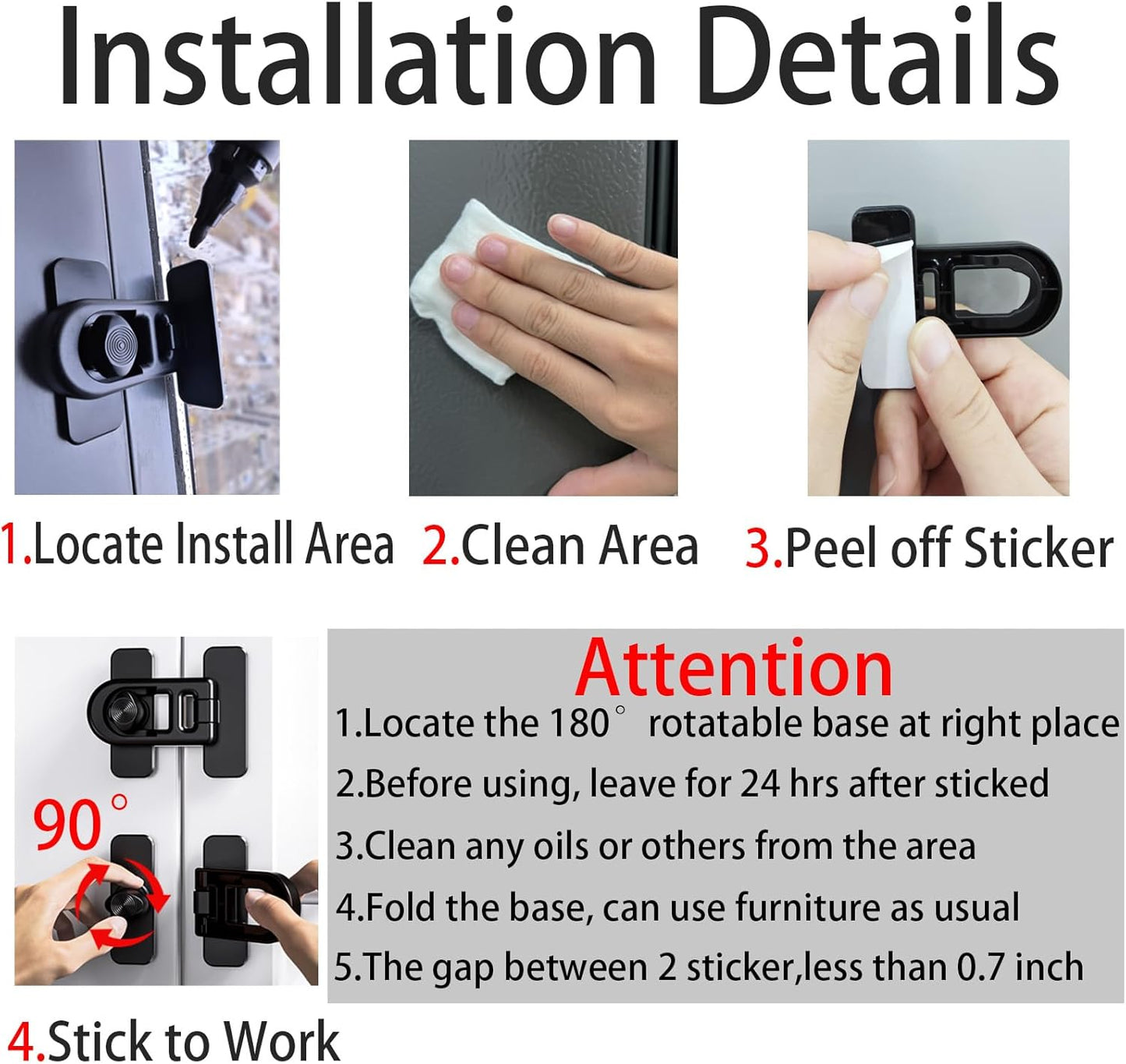 Fridge Lock for RV Camper Refrigerator, 180° Swivel 90 Degree Adhesive Childproof Latch No Drill, Baby Proofing Cabinet Freezer Oven Lock for Toddler Cat Dog, Safety Renter Friendly 2-Pack