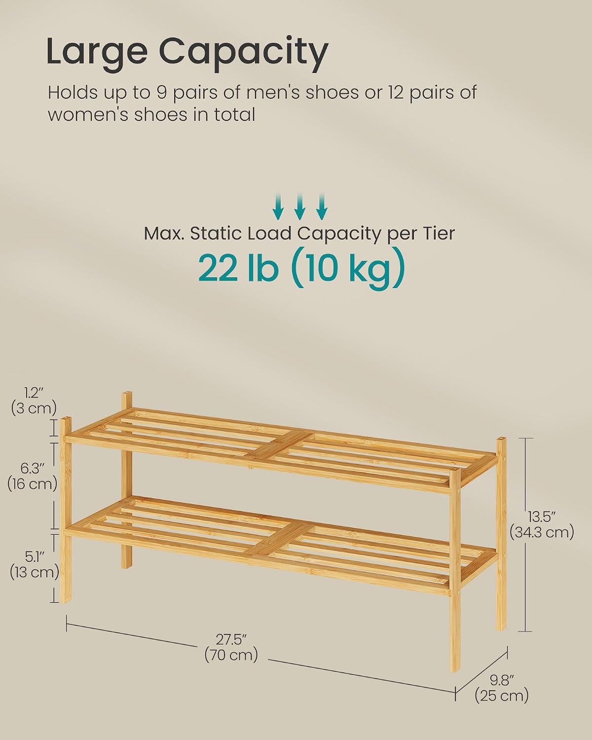 SONGMICS Bamboo Shoe Rack for Closet, Stackable Shoe Oragnizer with Modular Structure, Space-Saving Free Standing Shelf for Entryway Bedroom, 2-Tier, Holds 9-12 Pairs, Natural Color ULBS052YL01
