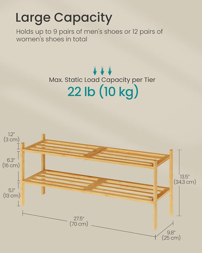 SONGMICS Bamboo Shoe Rack for Closet, Stackable Shoe Oragnizer with Modular Structure, Space-Saving Free Standing Shelf for Entryway Bedroom, 2-Tier, Holds 9-12 Pairs, Natural Color ULBS052YL01